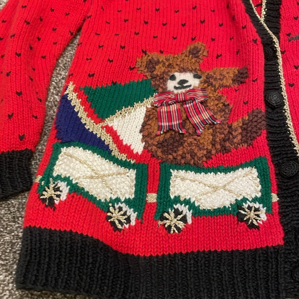 Christmas sweater vintage Talbots knitted by hand small v-neck train red - Picture 3 of 7